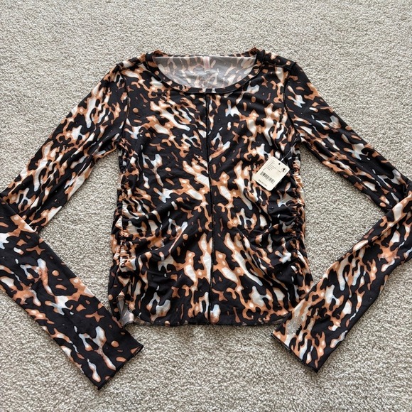 Free People Tops - Long Sleeve Animal Print Ruched Top - Brown/Black